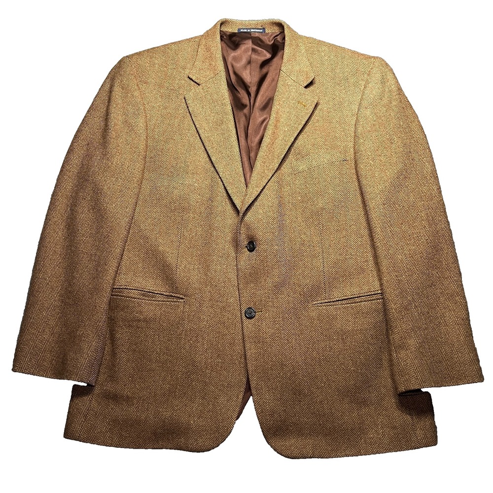 Vintage Lands End Harris Tweed Blazer Mens 46R Brown Herringbone Wool Sport Coat